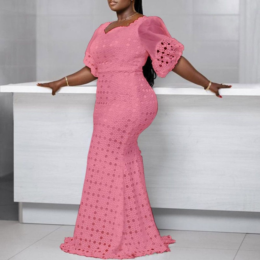 Women ericdress | Ericdress Floor-Length Half Sleeve Hollow Pullover Bodycon Dress Plus Size Pink